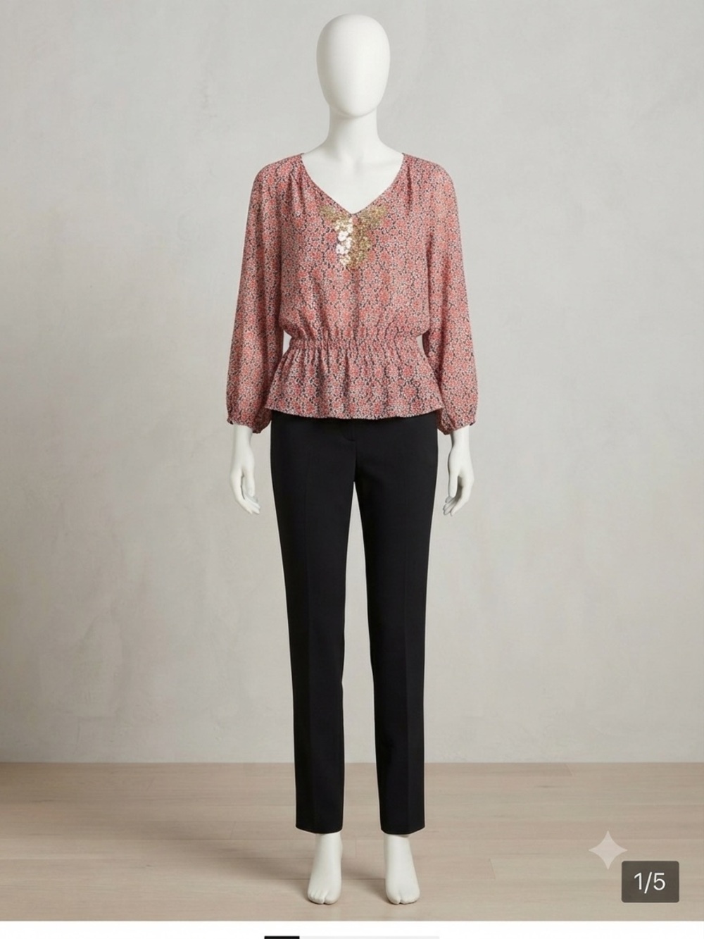Ellen Tracy Coral and Navy Geometric Peplum Top